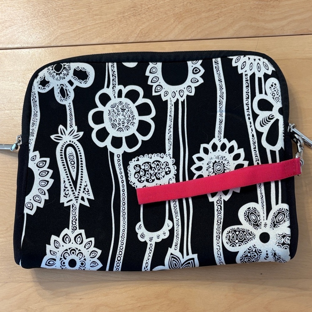 Samsonite Black & White Floral Neoprene Zip Pouch for IPad w/ Pink Accent Strap